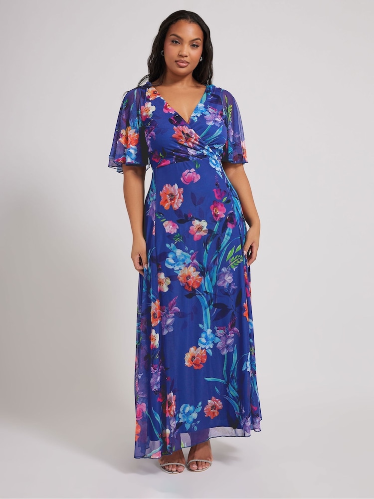 Yours Curve Blue London Floral Wrap Mesh Maxi Dress - Image 1 of 5 Yours Curve Blue London Floral Wrap Mesh Maxi Dress - Image 1 of 5