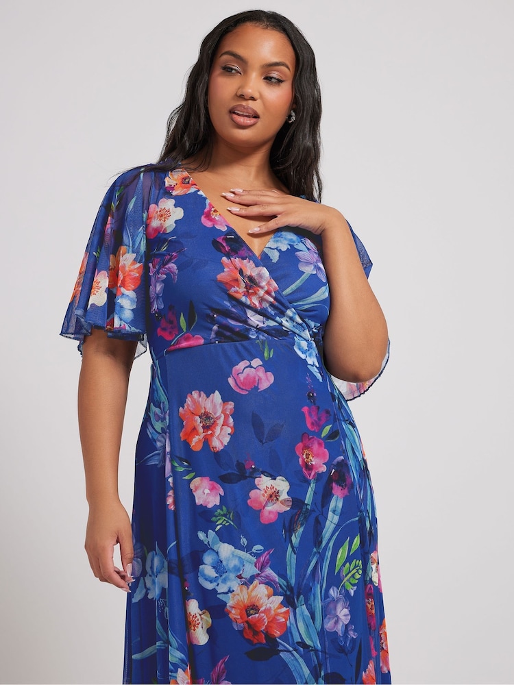 Yours Curve Blue London Floral Wrap Mesh Maxi Dress - Image 2 of 5 Yours Curve Blue London Floral Wrap Mesh Maxi Dress - Image 2 of 5