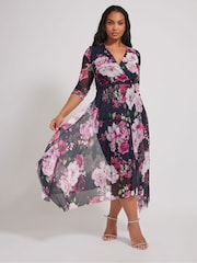 Yours Curve Blue London Floral Mesh Wrap Hanky Hem Dress - Image 1 of 5