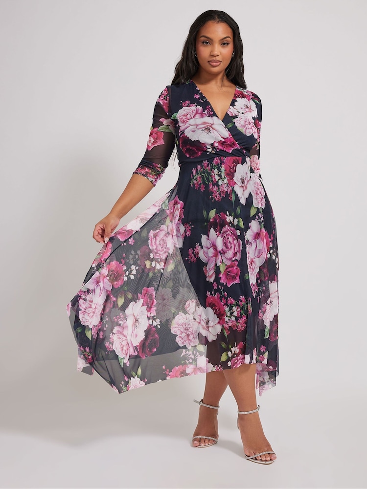 Yours Curve Blue London Floral Mesh Wrap Hanky Hem Dress - Image 1 of 5