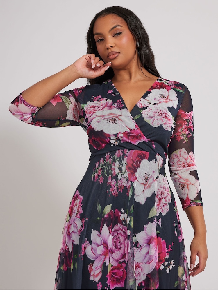 Yours Curve Blue London Floral Mesh Wrap Hanky Hem Dress - Image 2 of 5