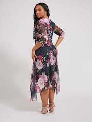 Yours Curve Blue London Floral Mesh Wrap Hanky Hem Dress - Image 3 of 5