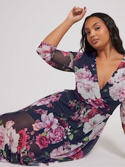 Yours Curve Blue London Floral Mesh Wrap Hanky Hem Dress - Image 4 of 5