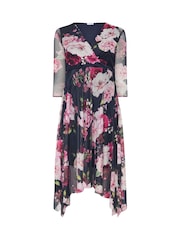Yours Curve Blue London Floral Mesh Wrap Hanky Hem Dress - Image 5 of 5