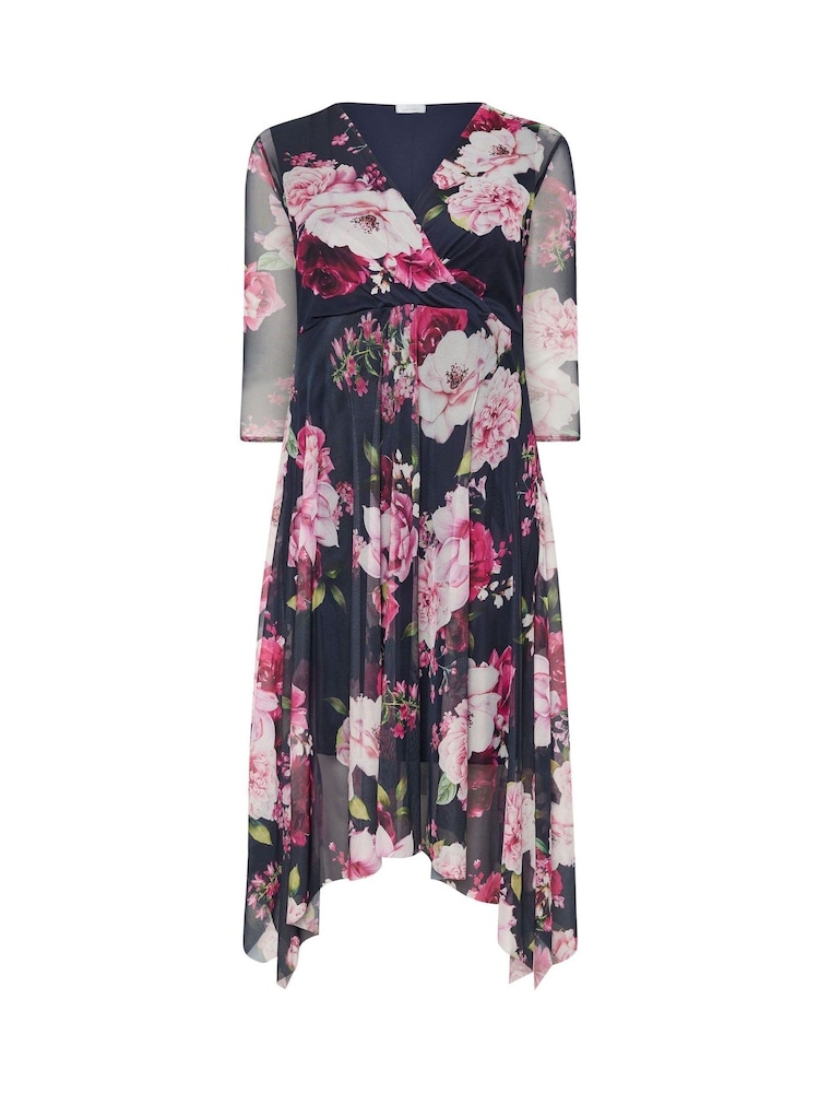 Yours Curve Blue London Floral Mesh Wrap Hanky Hem Dress - Image 5 of 5