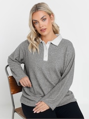 Yours Curve Grey Rugby Collar Jumper - Image 1 of 5