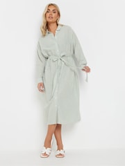 Yours Curve Green Long Sleeve Linen Stripe Shirt Dress - Image 1 of 5