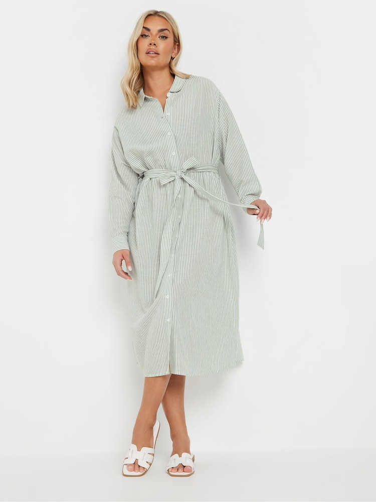 Yours Curve Green Long Sleeve Linen Stripe Shirt Dress - Image 1 of 5