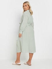 Yours Curve Green Long Sleeve Linen Stripe Shirt Dress - Image 2 of 5