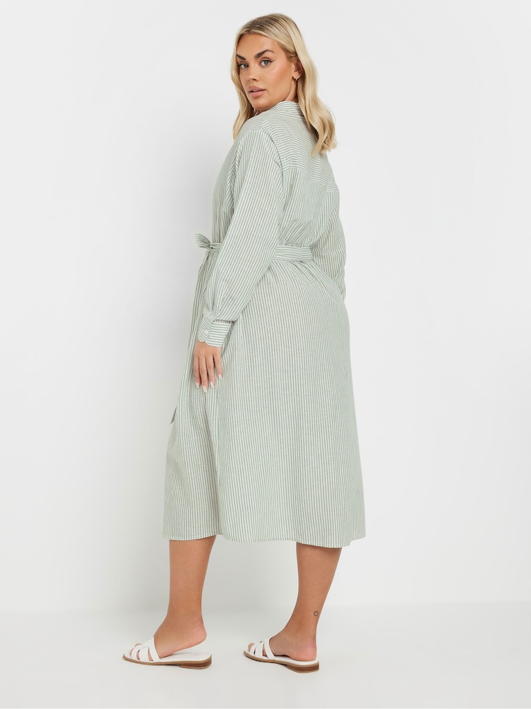 Yours Curve Green Long Sleeve Linen Stripe Shirt Dress - Image 2 of 5