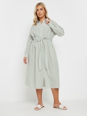 Yours Curve Green Long Sleeve Linen Stripe Shirt Dress - Image 3 of 5