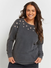 Yours Curve Grey Acid Wash Eyelet 100% Cotton Sweatshirt - Image 1 of 5