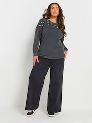 Yours Curve Grey Acid Wash Eyelet 100% Cotton Sweatshirt - Image 2 of 5