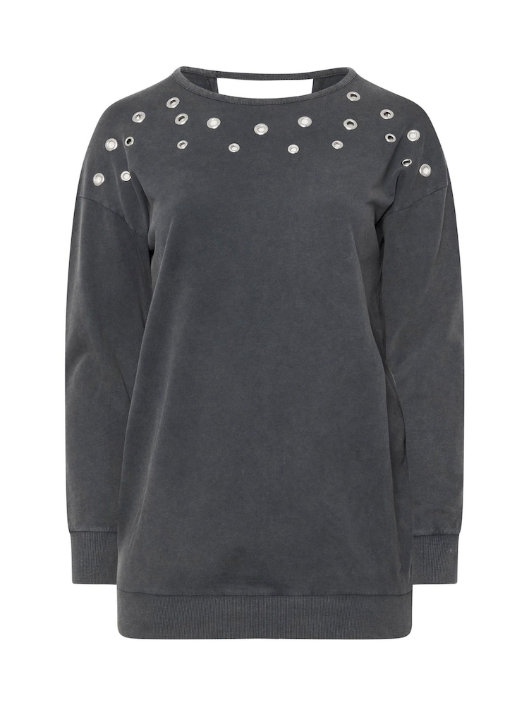 Yours Curve Grey Acid Wash Eyelet 100% Cotton Sweatshirt - Image 5 of 5
