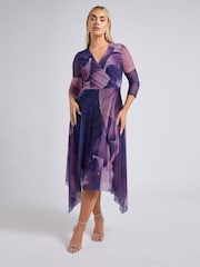 Yours Curve Purple London Floral Mesh Wrap Hanky Hem Dress - Image 1 of 5