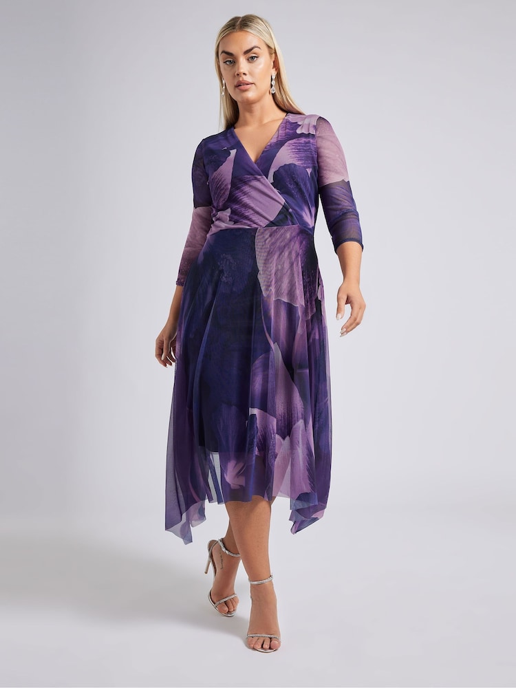 Yours Curve Purple London Floral Mesh Wrap Hanky Hem Dress - Image 2 of 5