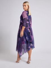 Yours Curve Purple London Floral Mesh Wrap Hanky Hem Dress - Image 3 of 5