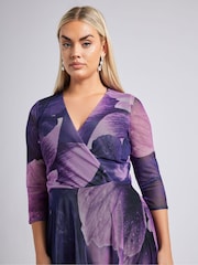 Yours Curve Purple London Floral Mesh Wrap Hanky Hem Dress - Image 4 of 5