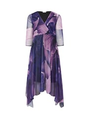Yours Curve Purple London Floral Mesh Wrap Hanky Hem Dress - Image 5 of 5