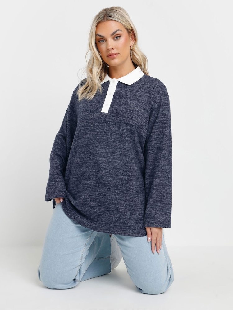 Yours Curve Blue Rugby Collar Jumper - Image 1 of 5