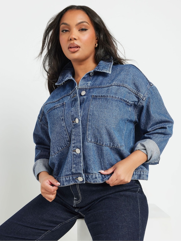 Yours Curve Blue Boxy Patch Pocket 100% Cotton Jacket - Image 1 of 6
