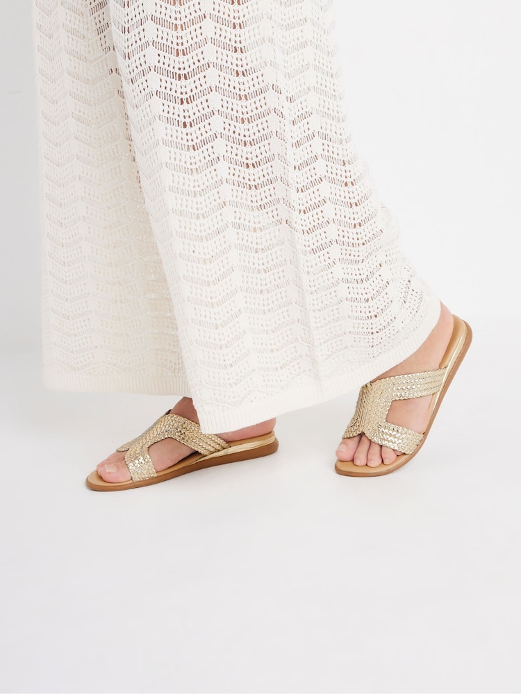 Yours Curve Gold Extra-Wide Fit Woven Wedge Mule Sandals - Image 1 of 5