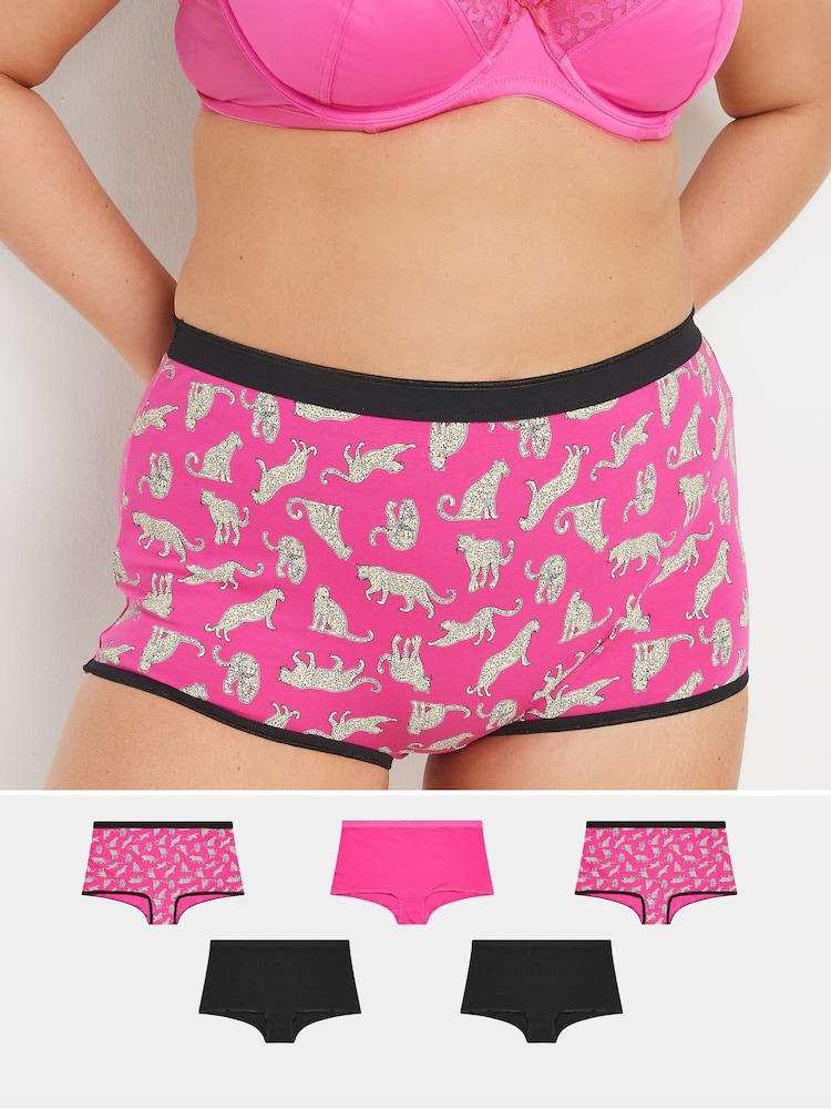 Yours Curve Pink Stretch Leopard Knickers 5 Pack - Image 1 of 8