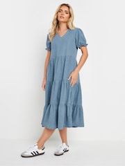 PixieGirl Petite Blue Short Sleeve Tiered Frill 100% Cotton Midi Dress - Image 1 of 4