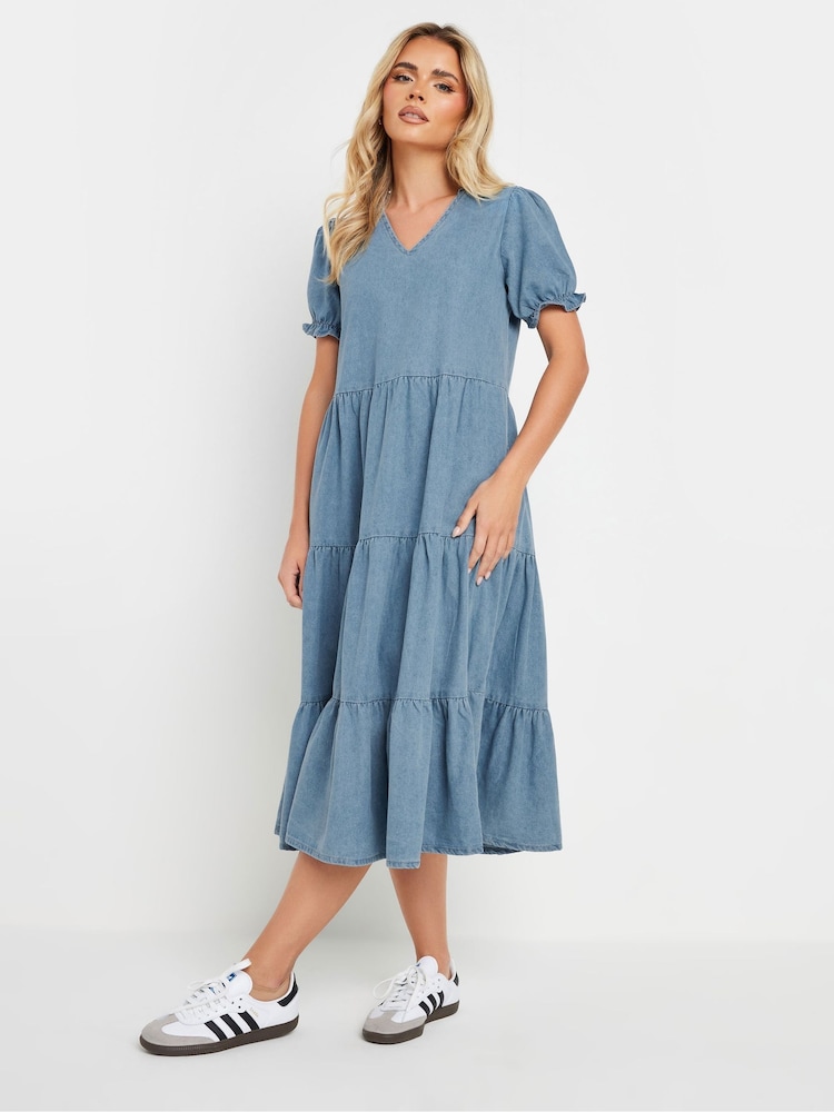 PixieGirl Petite Blue Short Sleeve Tiered Frill 100% Cotton Midi Dress - Image 1 of 4