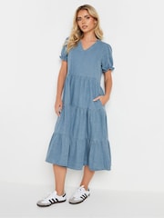 PixieGirl Petite Blue Short Sleeve Tiered Frill 100% Cotton Midi Dress - Image 2 of 4