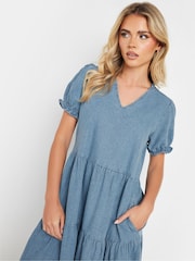 PixieGirl Petite Blue Short Sleeve Tiered Frill 100% Cotton Midi Dress - Image 4 of 4