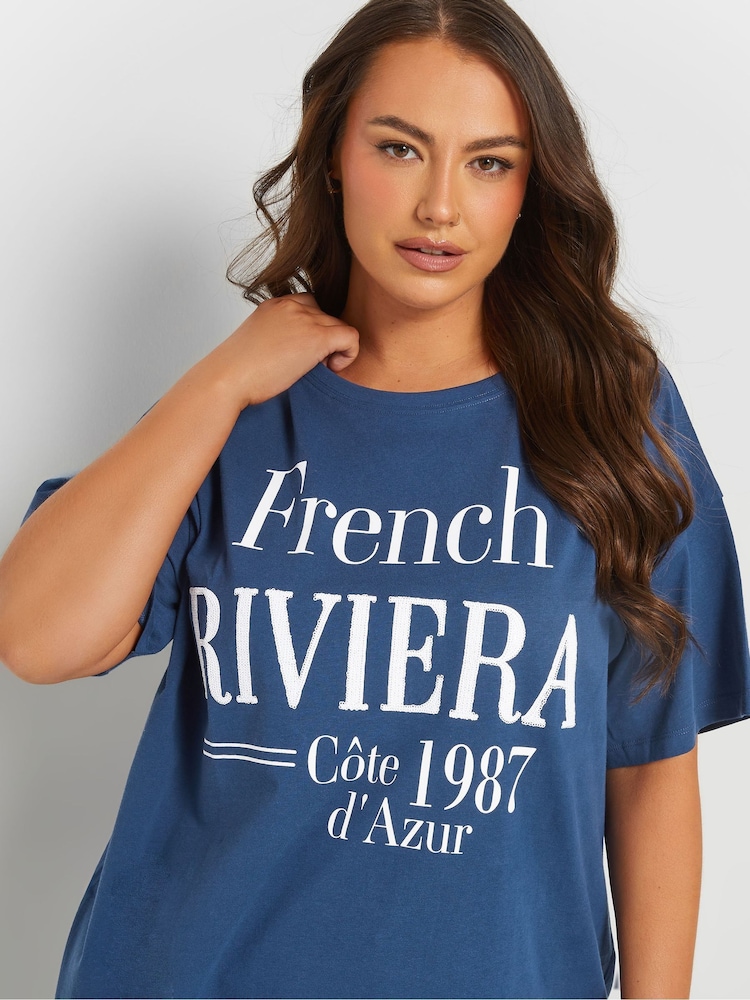 Yours Curve Blue French Riviera 100% Cotton T-Shirt - Image 3 of 5