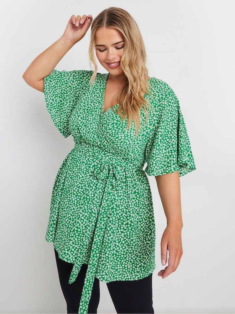 Verde - Yours Curve Floral Textured Wrap Top - Imagen 2 de 5
