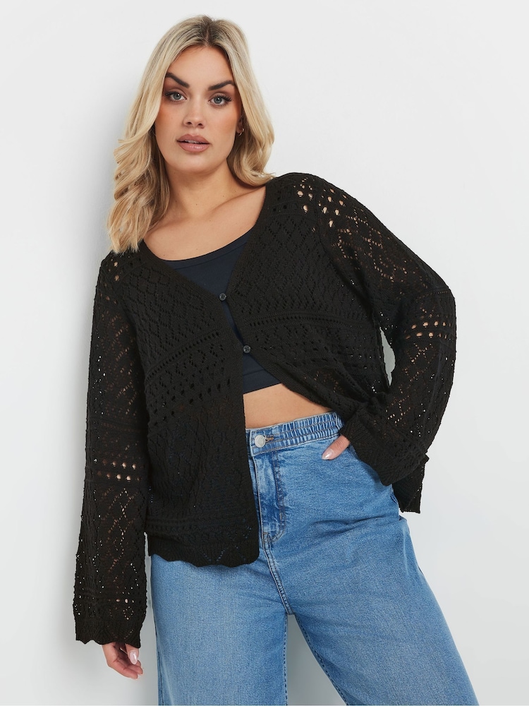 Yours Curve Black Button Through Crochet Cardigan - Image 1 of 5