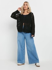 Yours Curve Black Button Through Crochet Cardigan - Image 2 of 5