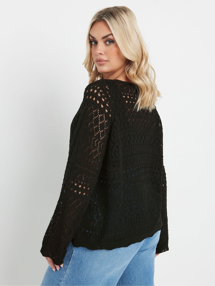 Yours Curve Black Button Through Crochet Cardigan - Image 3 of 5