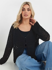 Yours Curve Black Button Through Crochet Cardigan - Image 4 of 5