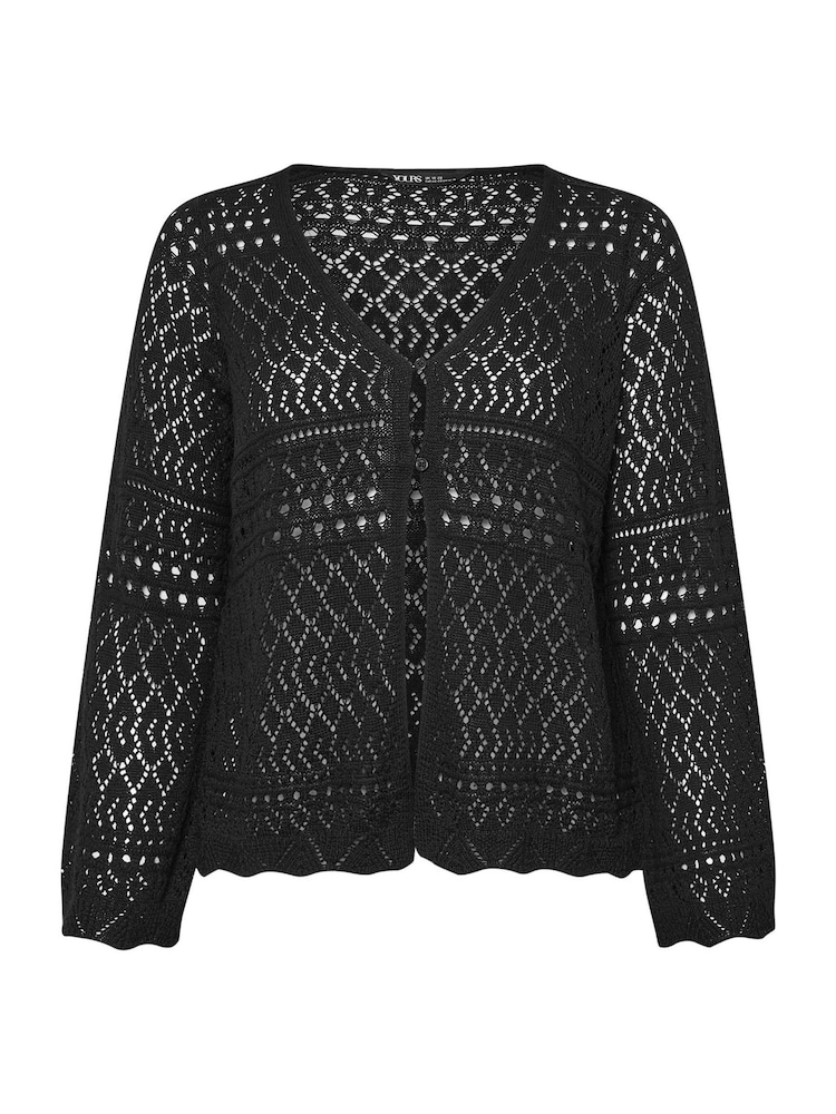 Yours Curve Black Button Through Crochet Cardigan - Image 5 of 5
