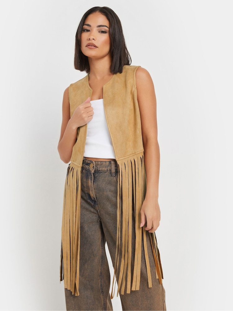 PixieGirl Petite Brown Tassel Suedette Waistcoat - Image 1 of 5