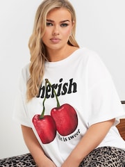 Yours Curve White Cherish Cherry 100% Cotton T-Shirt - Image 4 of 5