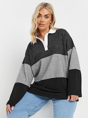 Yours Curve Grey Colour Block Rugby Collar Top - Image 1 of 5