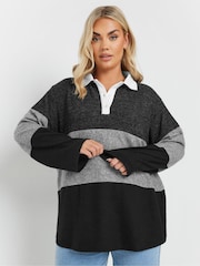 Yours Curve Grey Colour Block Rugby Collar Top - Image 2 of 5