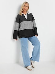 Yours Curve Grey Colour Block Rugby Collar Top - Image 3 of 5