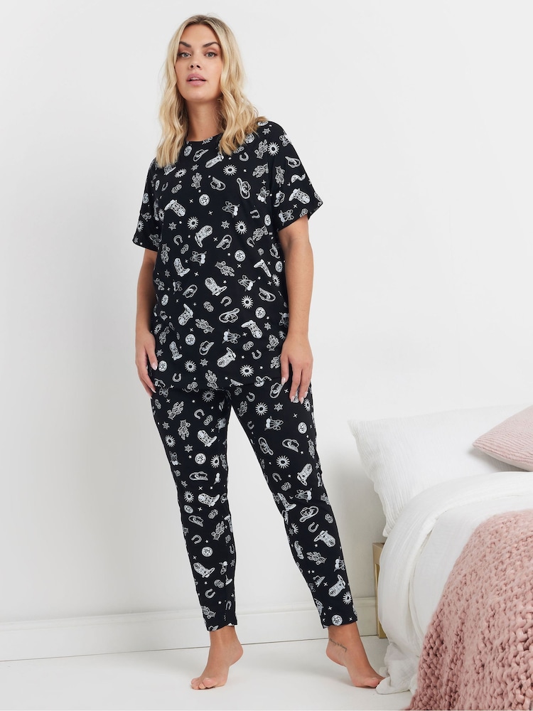 Yours Curve Black Cowboy Tapered Pyjama Set - Image 1 of 5 Yours Curve Black Cowboy Tapered Pyjama Set - Image 1 of 5