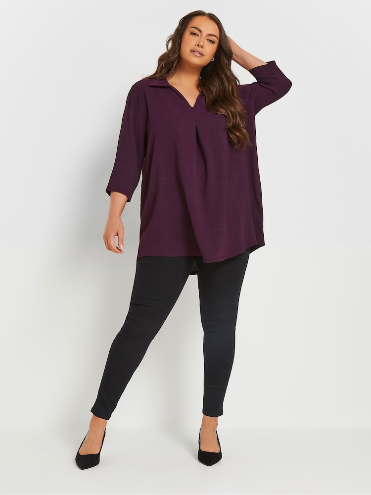 Yours Curve Purple Pleat Front Textured Shirt - Image 2 of 5 Yours Curve Purple Pleat Front Textured Shirt - Image 2 of 5