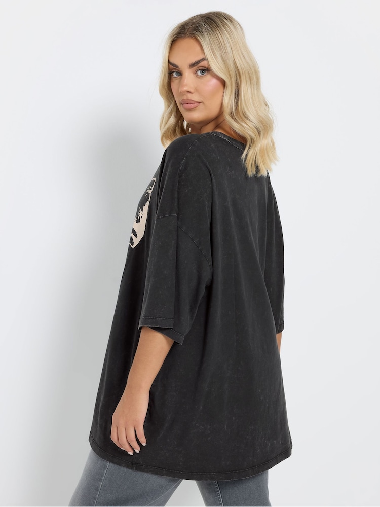 Yours Curve Black Daisy Bow Acid Wash Boxy T-Shirt - Image 2 of 5