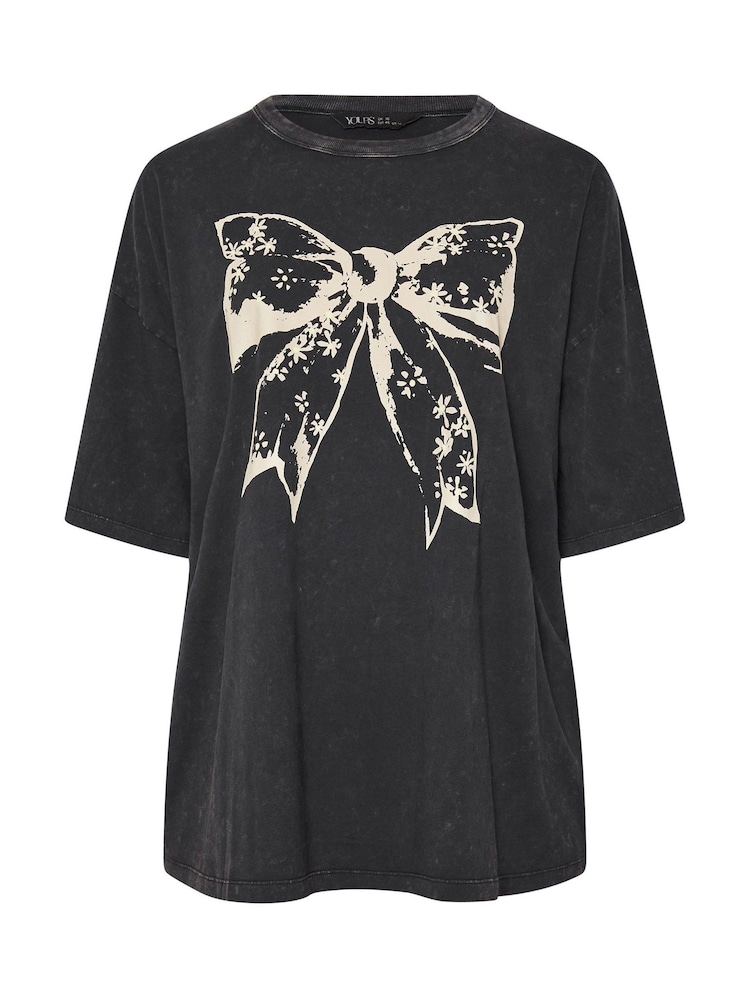 Yours Curve Black Daisy Bow Acid Wash Boxy T-Shirt - Image 5 of 5