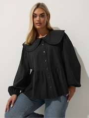 Yours Curve Black 100% Cotton Limited Collar Top - Image 1 of 5