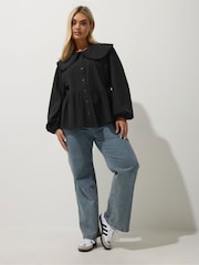 Yours Curve Black 100% Cotton Limited Collar Top - Image 2 of 5