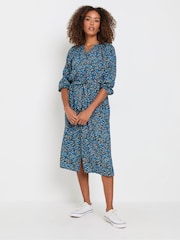 M&Co Blue Ditsy Button Through 3/4 Sleeve Dress - Image 1 of 5